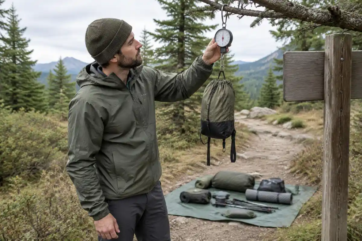Hiker weighing a tiny pack on a hanging scale from a tree branch