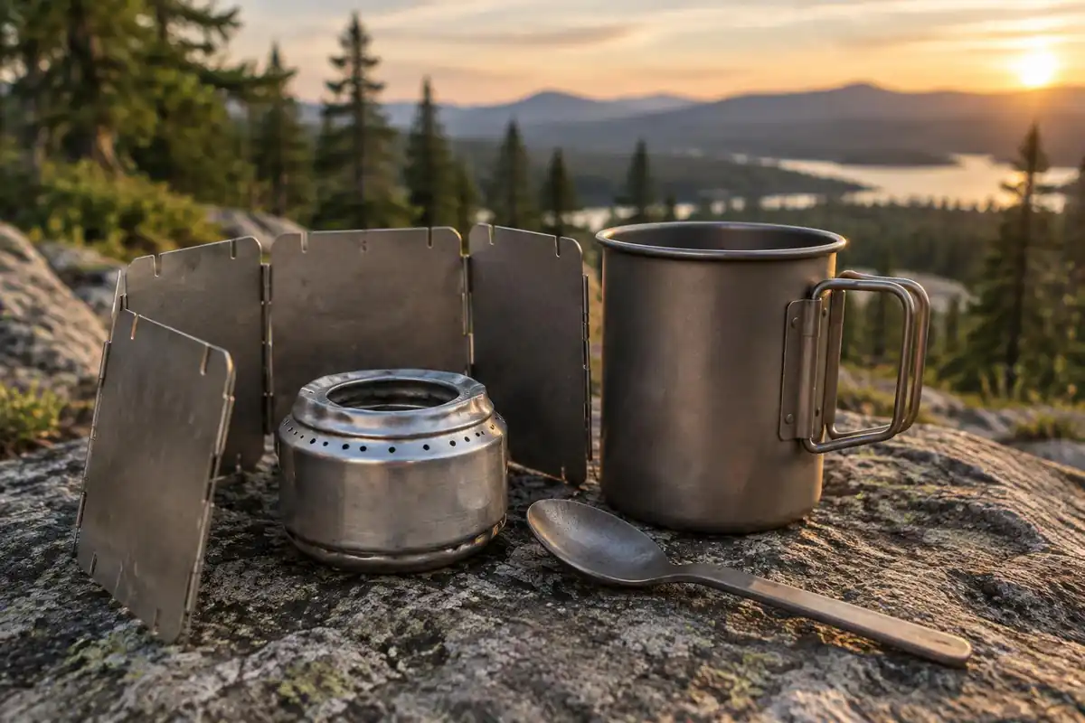 Homemade soda-can stove-style burner and a lightweight mug on a bare rock