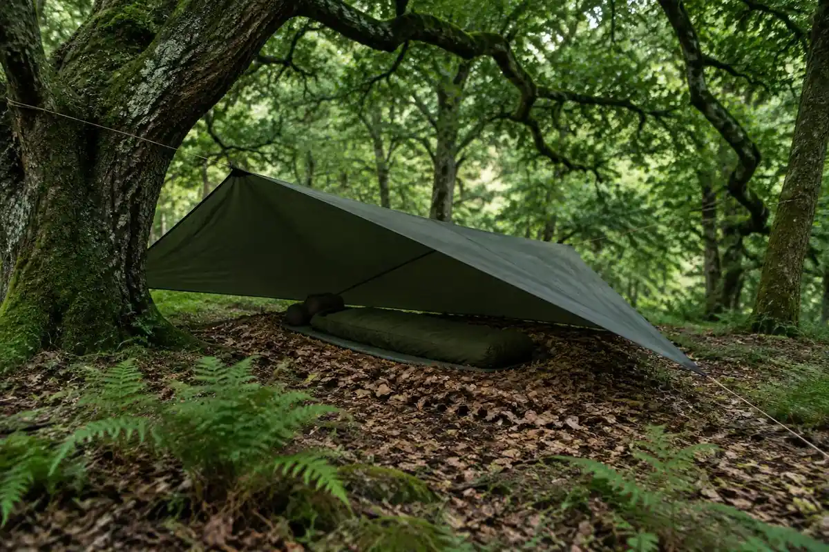 Simple tarp shelter in a mature forest with a bedroll on a raised leaf mat