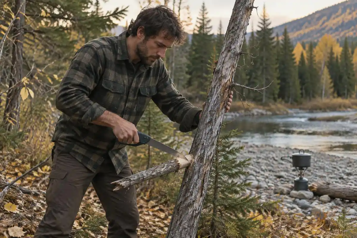 Camper sawing a dead dry branch with a folding saw at chest height