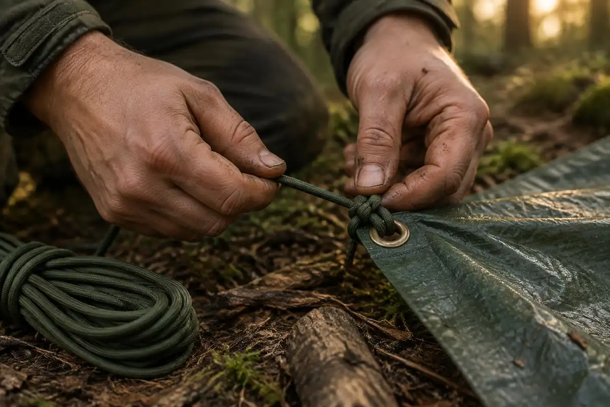Hands tying a bowline on cord to a tarp corner beside a coiled rope