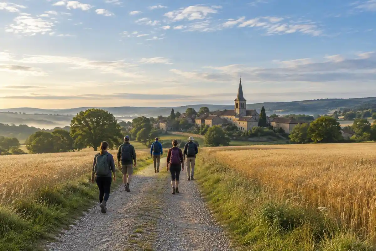 Pilgrims walking a stone lane between wheat fields toward a distant village church