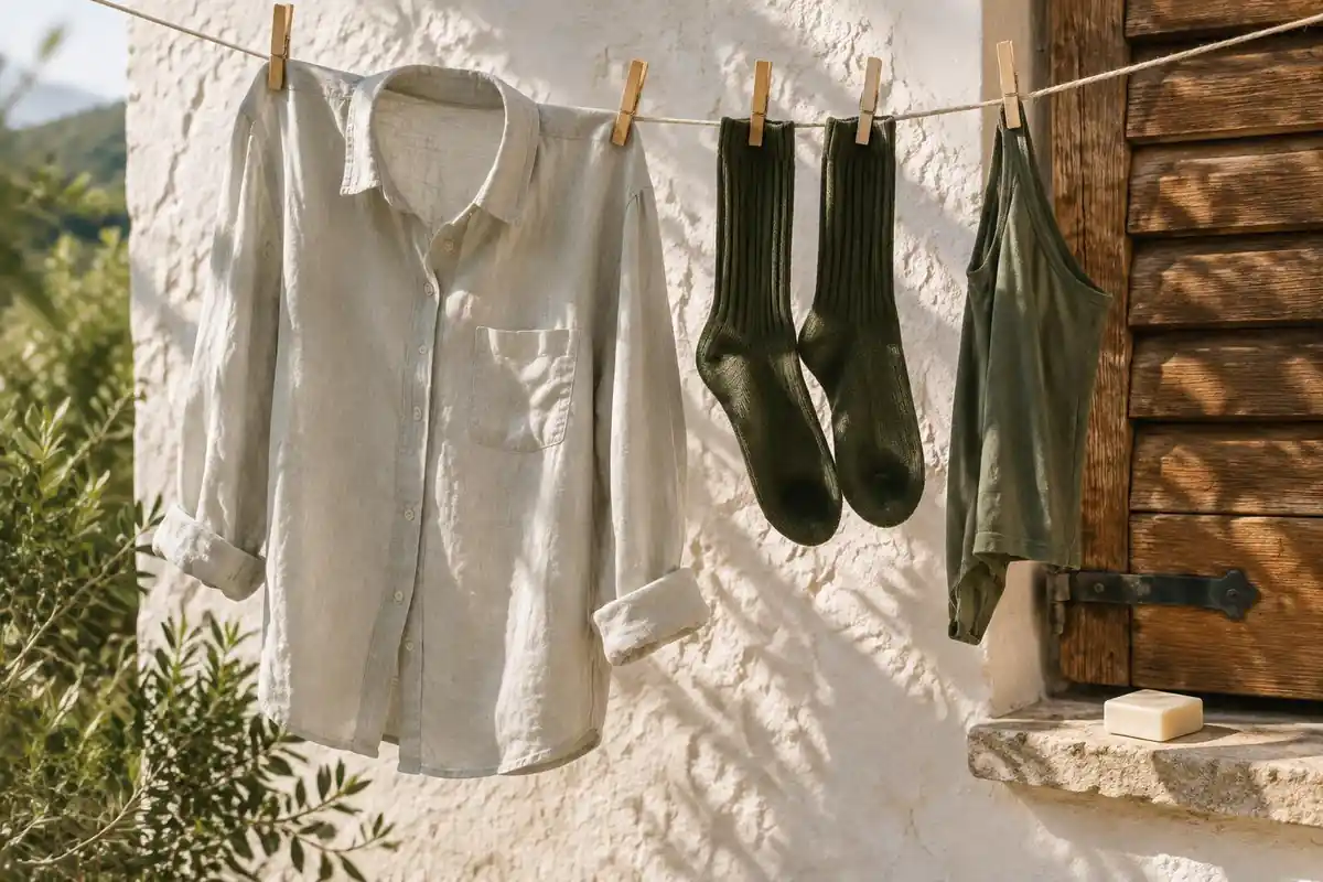 Small clothesline with quick-dry shirt and socks pinned outside a courtyard window