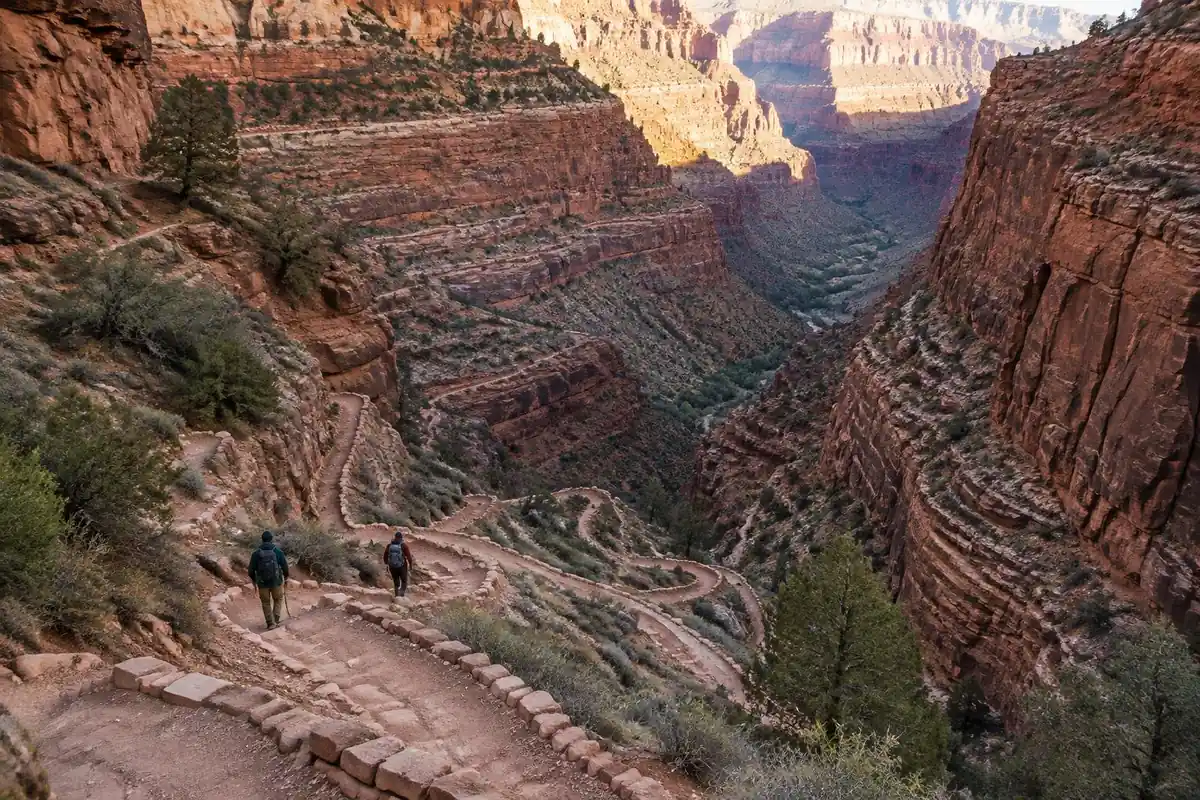 Red sandstone canyon walls glowing in morning sun with a long trail winding down