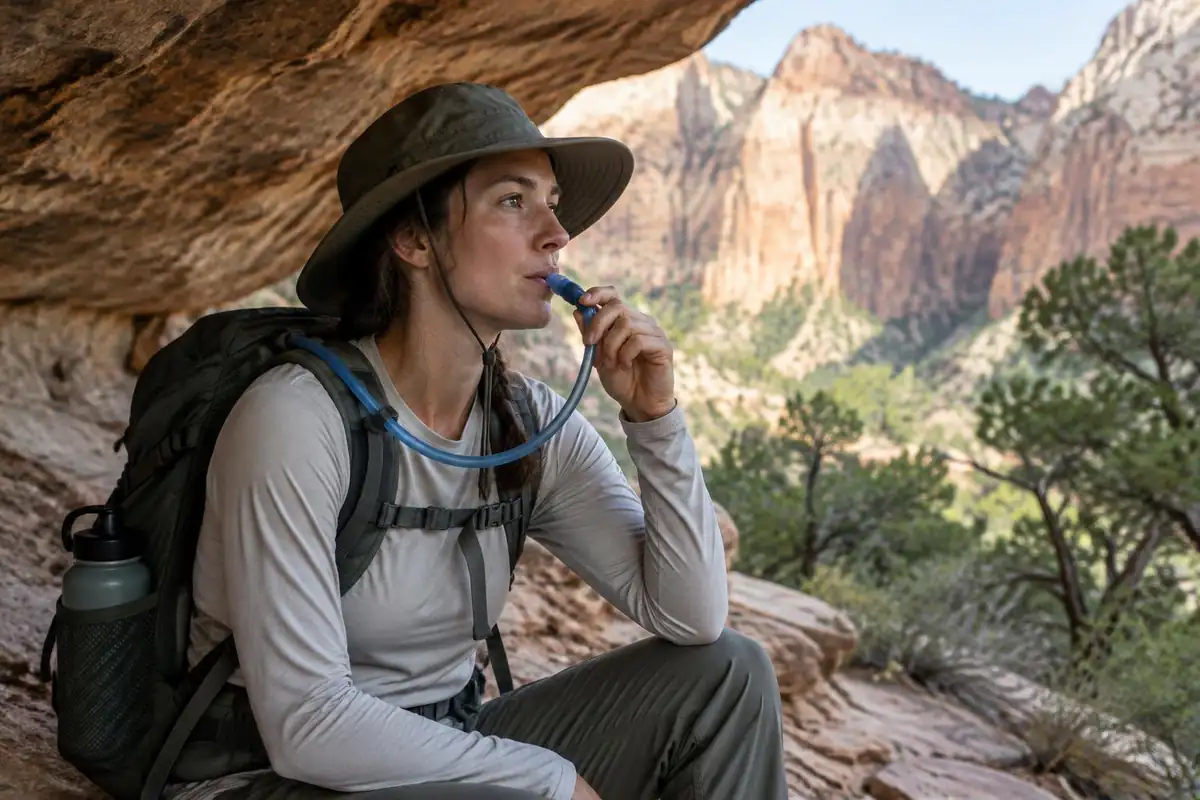 Hiker drinking from a large hydration bladder tube in canyon shade