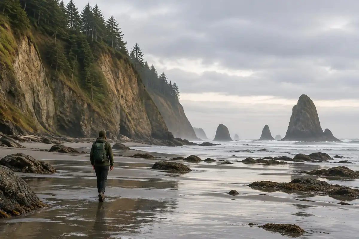 A coastal hiker walking a narrow rocky beach beneath sea cliffs at low tide