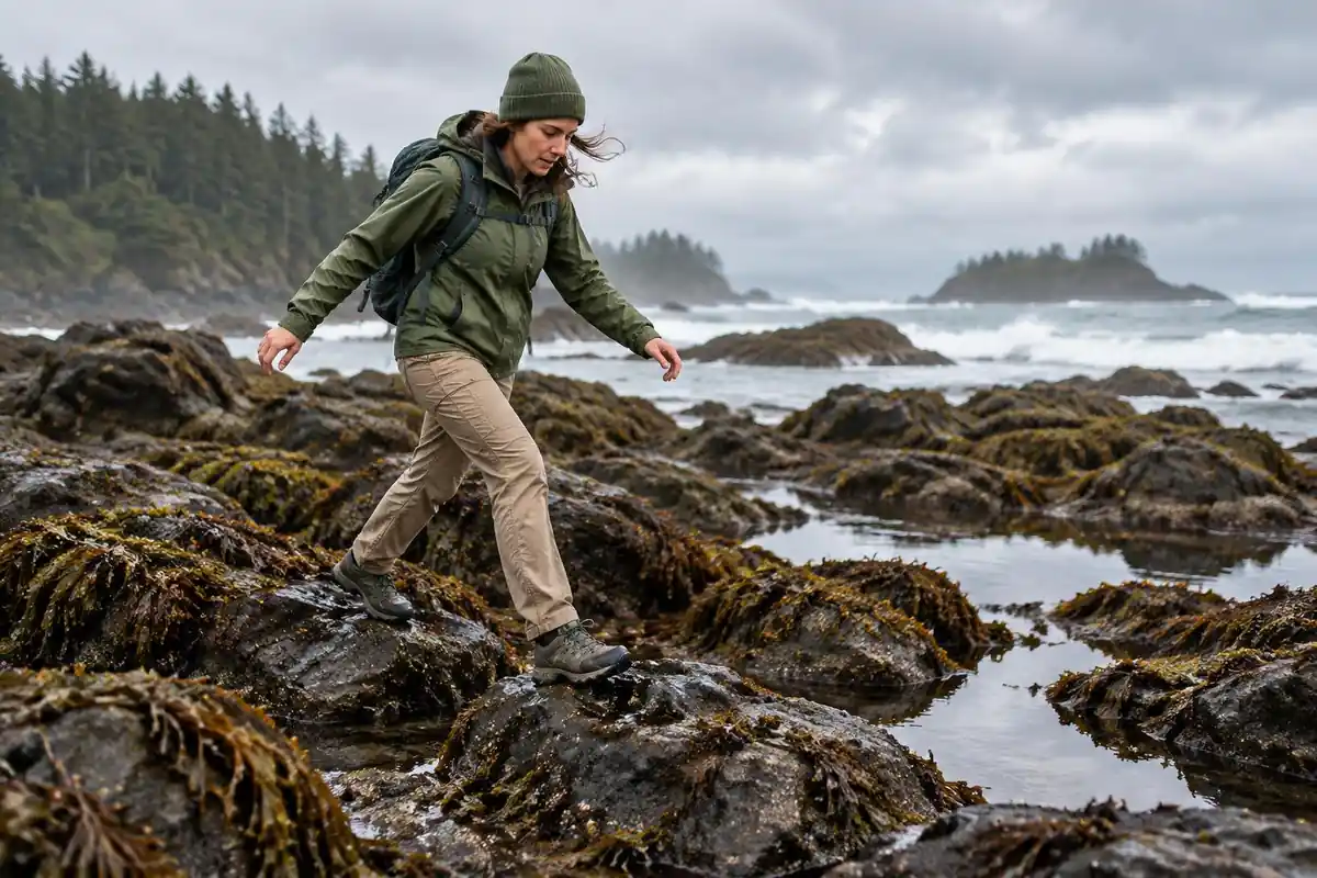 A hiker steps carefully across slick seaweed-covered rocks