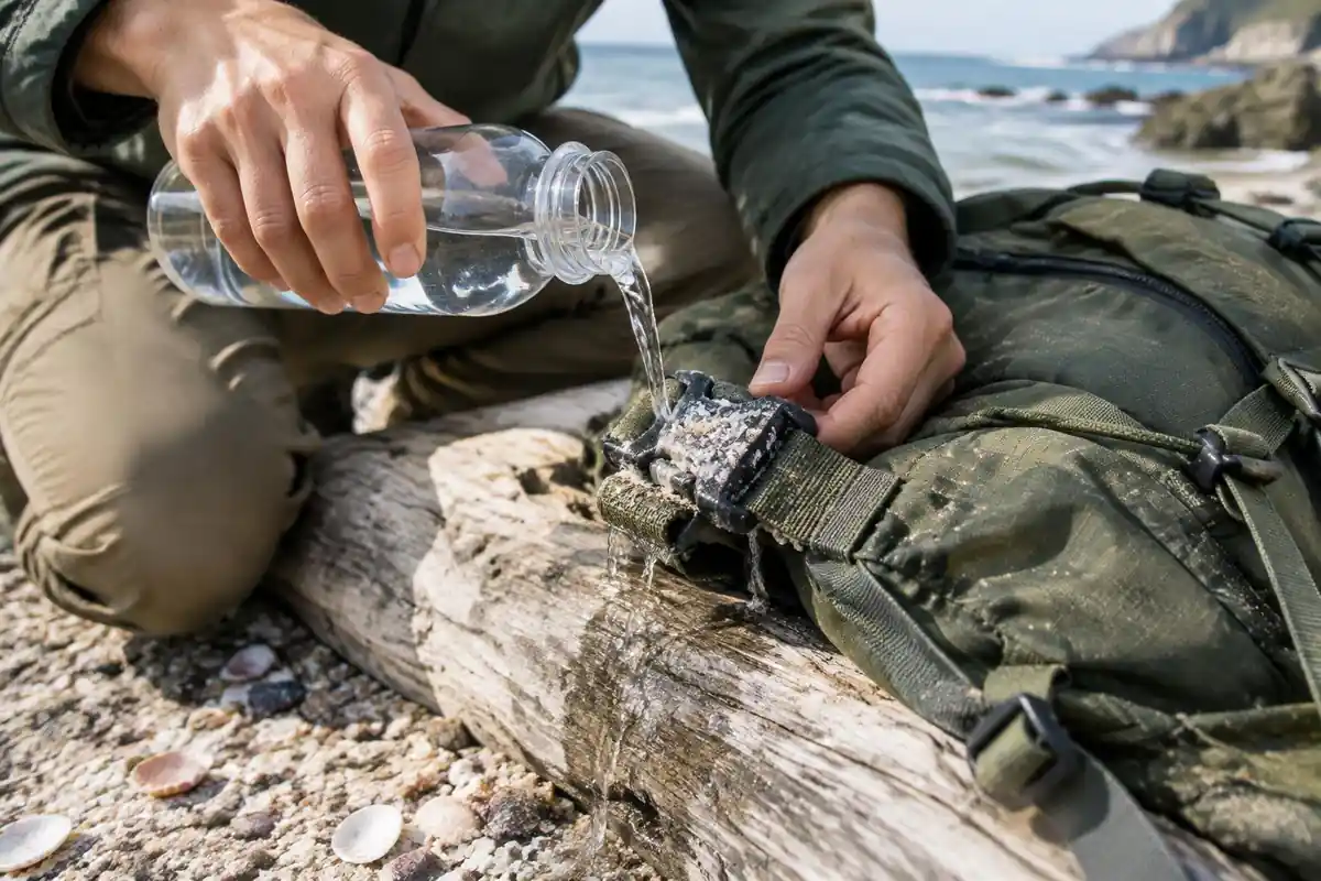 Rinsing salty backpack straps with a bottle of fresh water beside a sea wall
