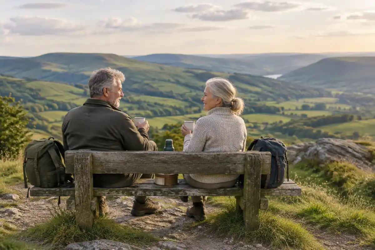 Older couple sitting on a wooden bench at a scenic viewpoint enjoying a slow break