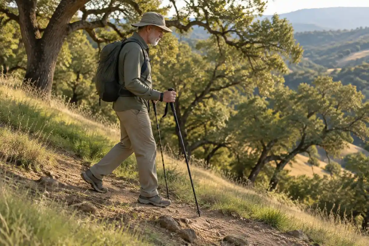 Hiker using trekking poles on a gentle downhill dirt path with cushioned shoes