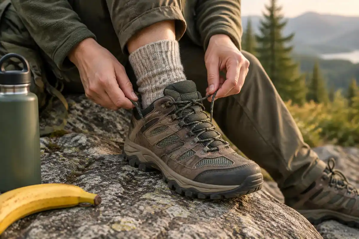 Hands loosening laces on a comfortable shoe with a thick sock at a rest stop