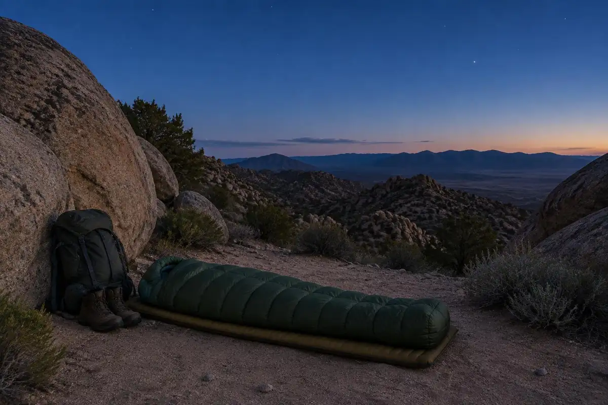 A sleeper's bag and pad laid out on open ground under a big starry sky