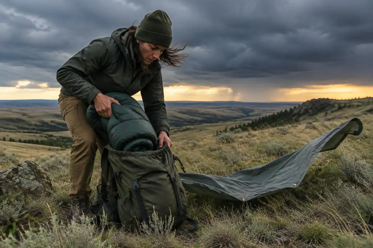 A camper hurriedly stuffs a sleeping bag and ground sheet into a pack under dark clouds