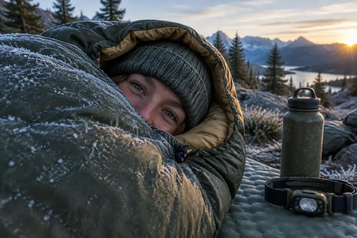 A face in a knit beanie peeks from a frosted sleeping bag at dawn