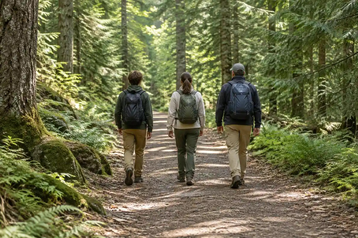 Family day hikers walking a broad forest path with small packs