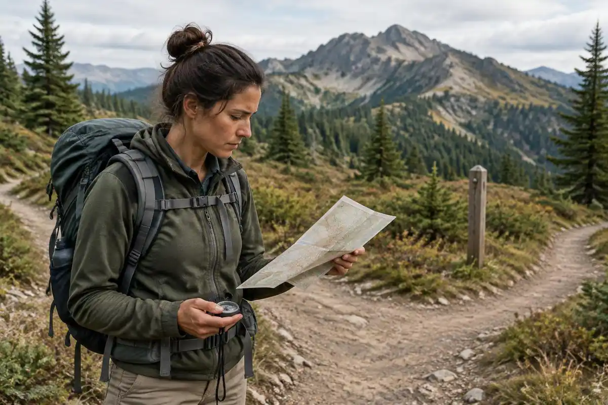 Hiker checking a phone map at a fork with a paper map in hand
