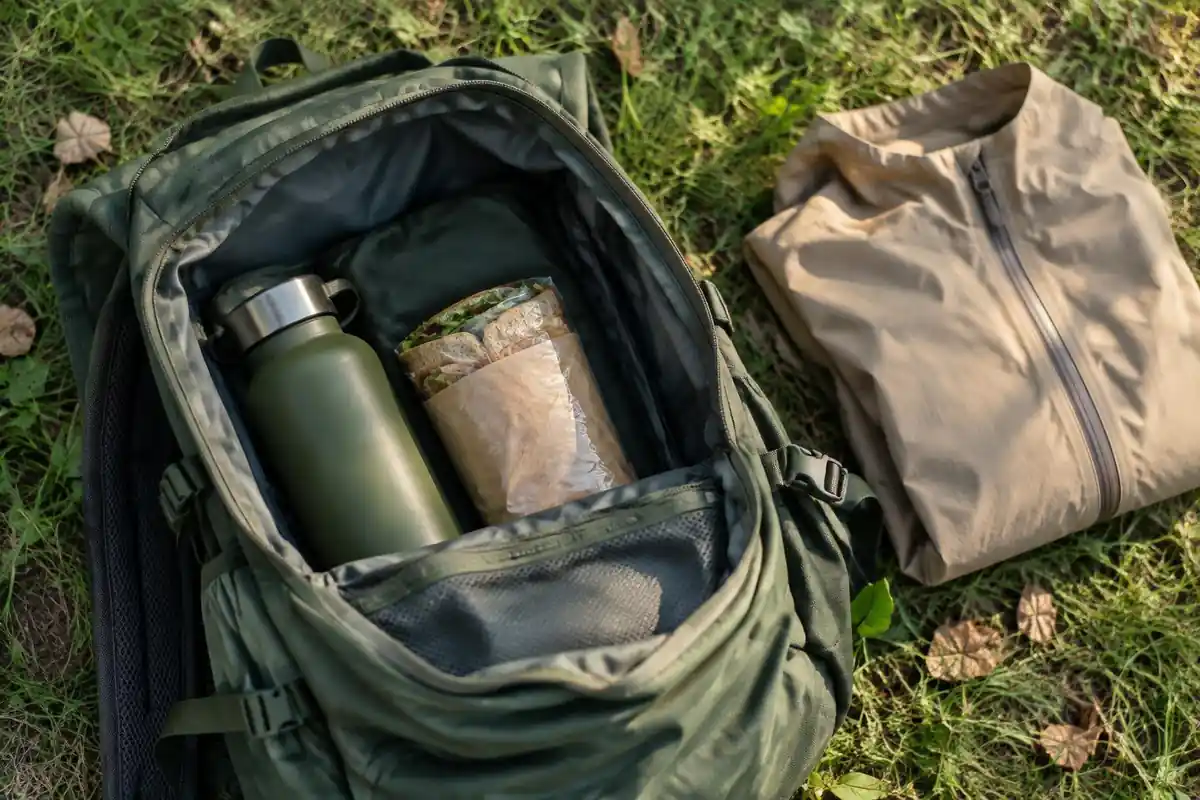 Open daypack showing a water bottle, sandwich and rain shell laid beside it