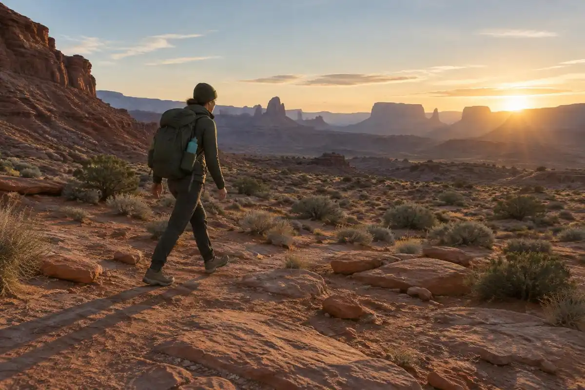 Hiker crossing red rock desert with a water-carrying pack at dawn