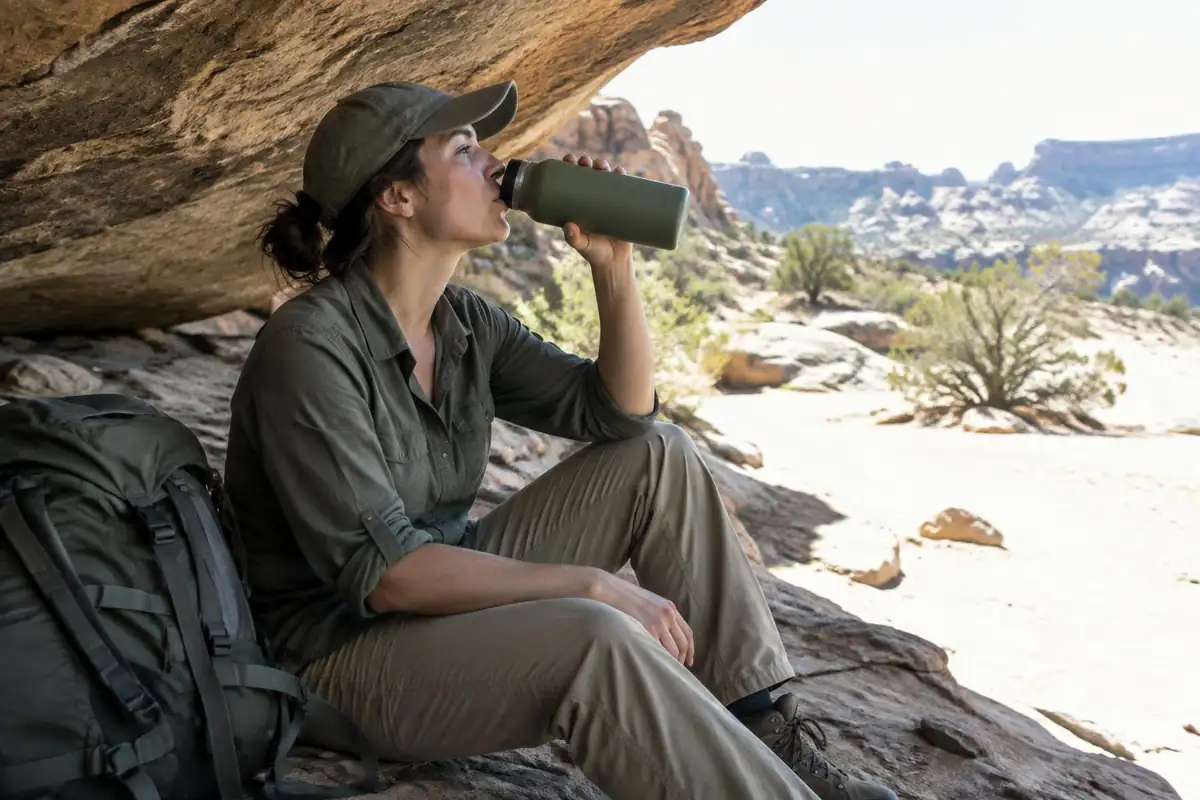Hiker sipping water in the shade of a rock overhang at midday