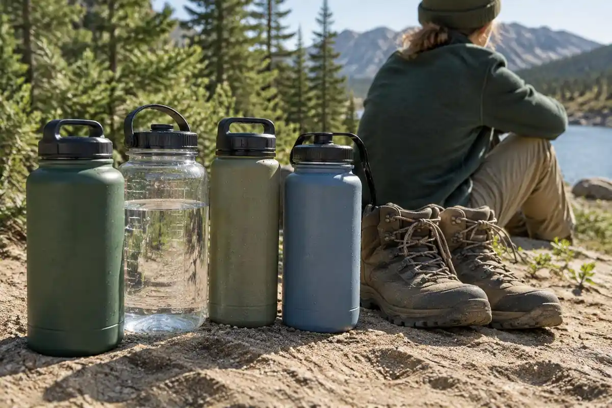 Row of full water bottles laid on a sandy bench before a trip