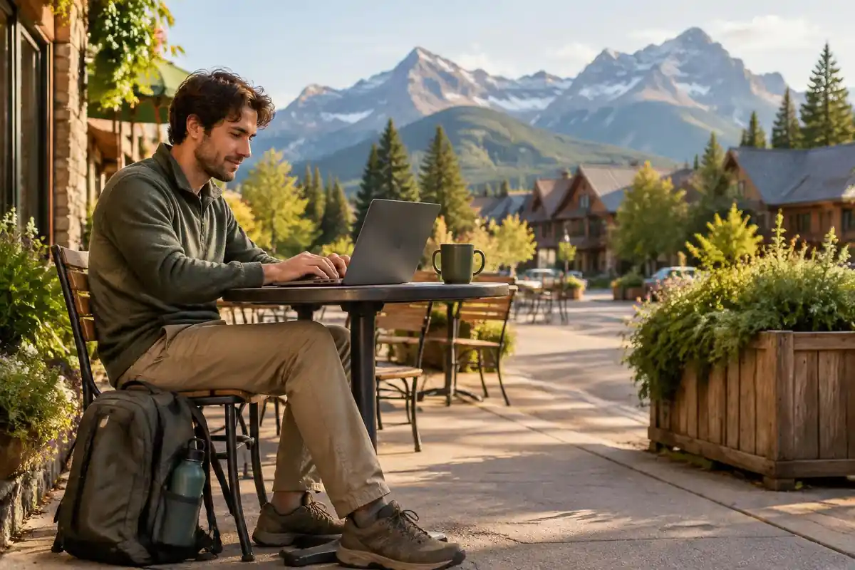 A man works on a laptop at a cafe table, slim backpack at his feet