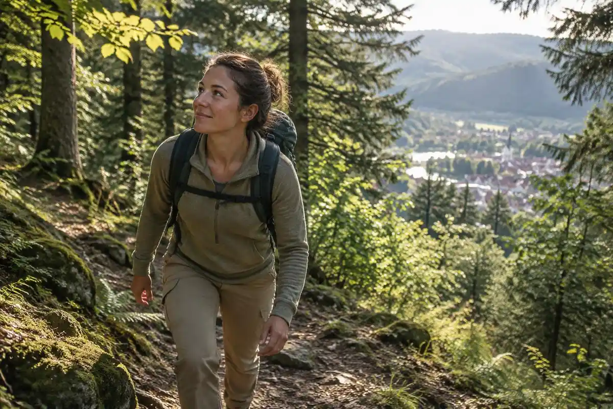 A traveler hiking a forest path in the afternoon after finishing work