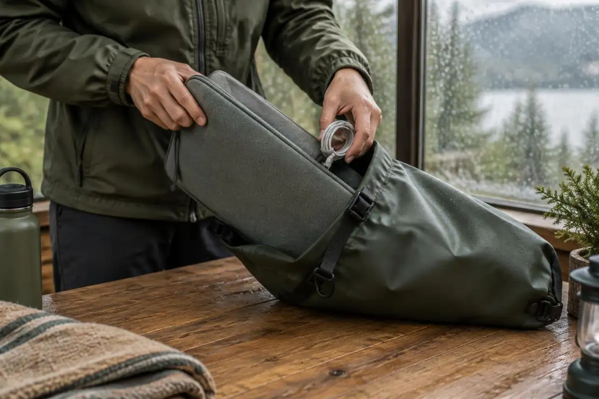 A dry bag holding a laptop sleeve and charger