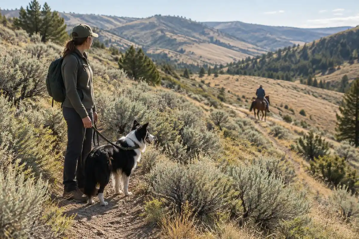 Leashed dog held close on a narrow trail as a horse rider passes