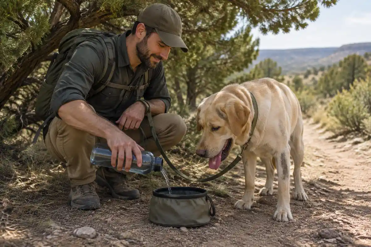 Hiker pouring water into a collapsible bowl for a panting labrador in shade