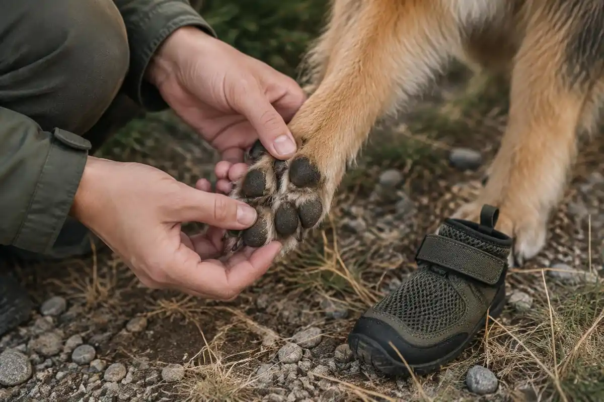 Close view of a dog's paw with a small boot and a hand checking between pads