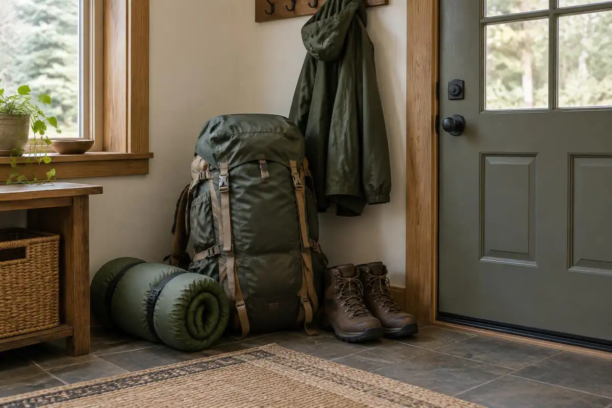 A packed go-bag stands by a front door with a folded map and shoes beside it