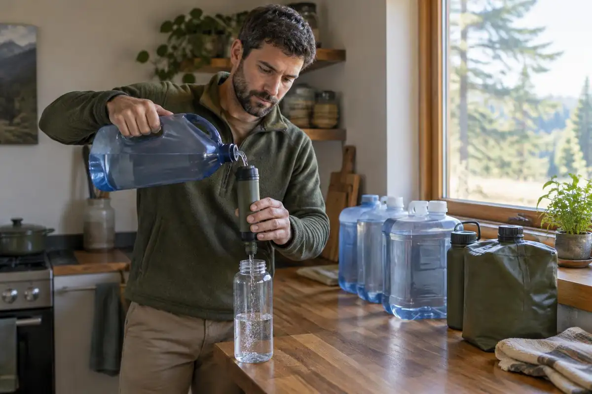 A man pours tap water through a small hand-pump filter into a clear bottle
