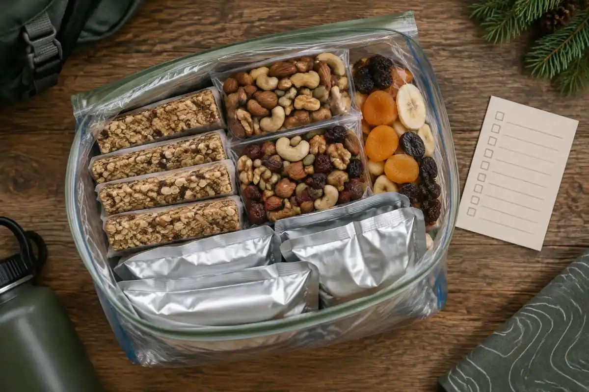 Ration bars, nuts, and foil pouches sorted on a table