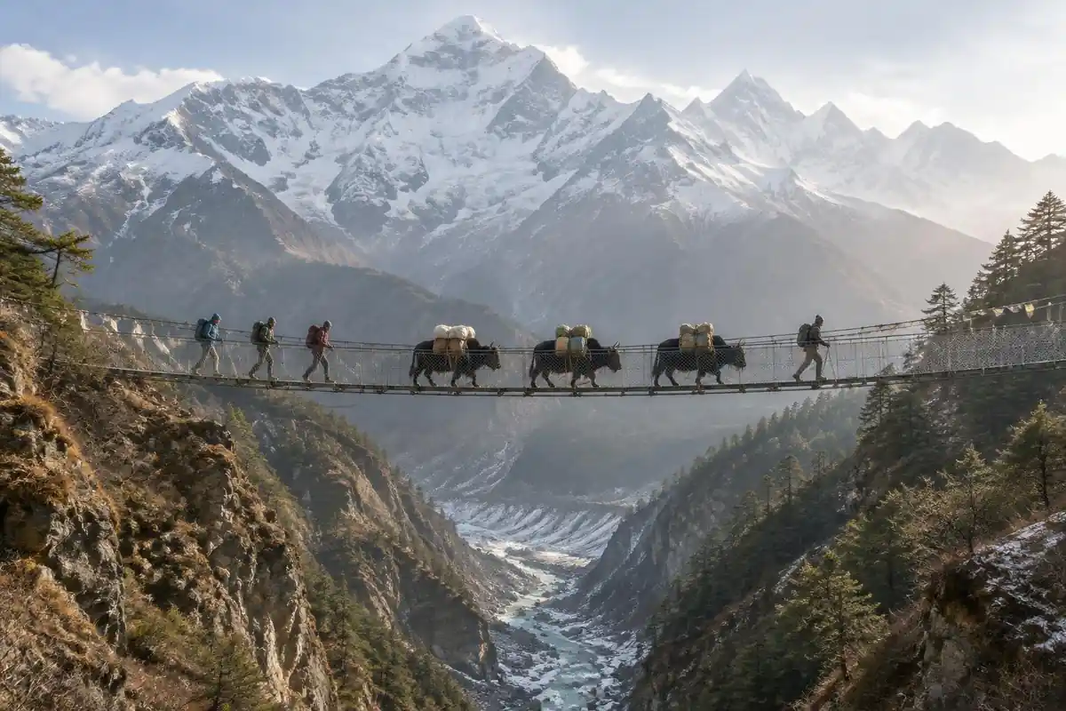 Suspension bridge with laden yaks crossing a deep valley