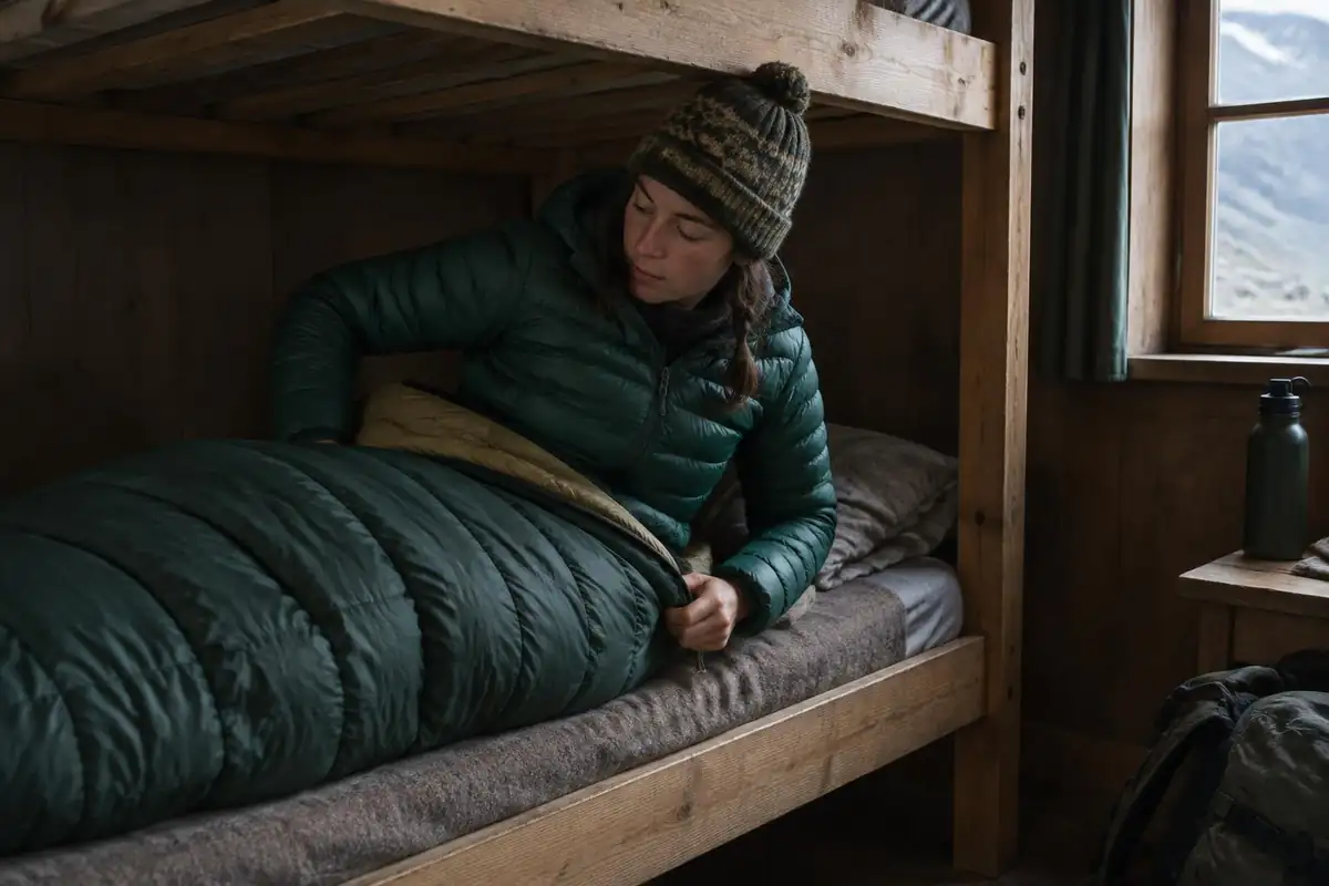 Trekker climbing into a sleeping bag on a teahouse bunk with wool hat