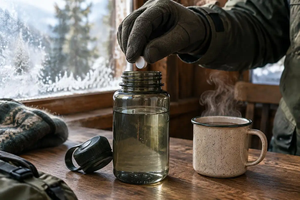 Hands dropping a treatment tablet into a bottle beside a steaming mug