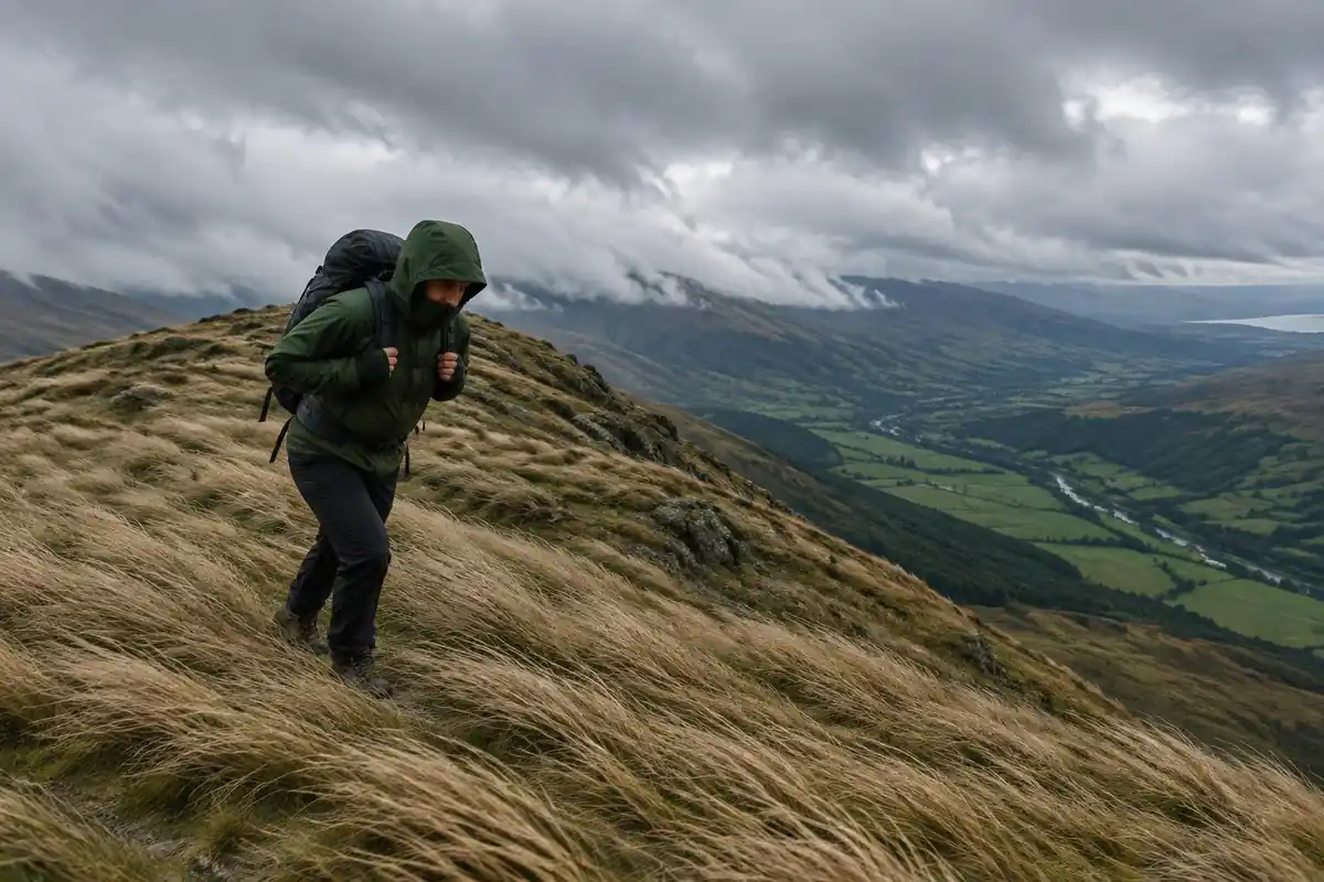 A hiker leans into strong wind on a bare grassy ridge with a jacket flapping