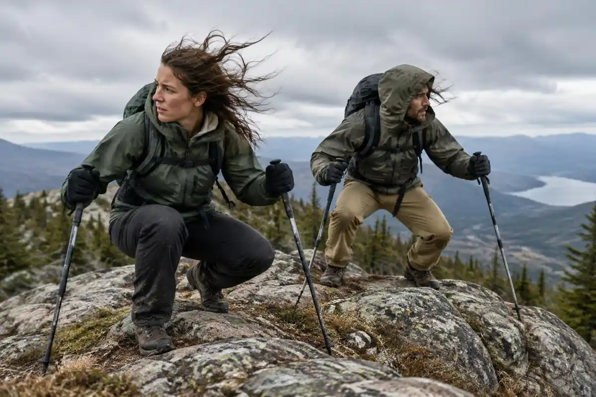 Two hikers crouch low with poles planted to steady themselves in a gust