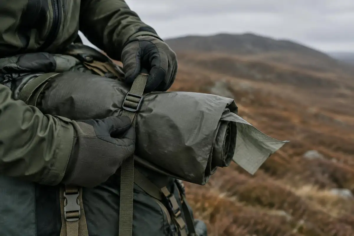 Hands clip a loose jacket strap tight against a pack in wind