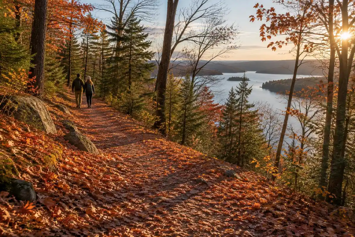 Sunlit hardwood ridge trail covered in fallen red and orange leaves with a distant lake