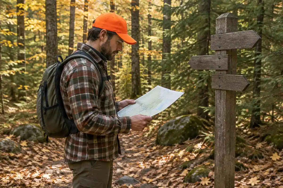 Hiker in blaze-orange cap checking a trail map at a junction in the woods