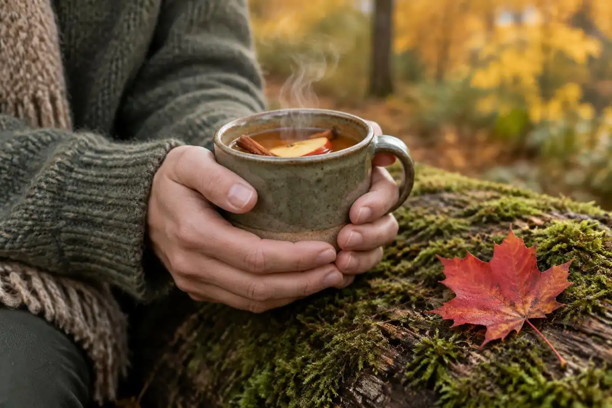 Hands holding a maple leaf and a thermos lid of cider on a mossy log