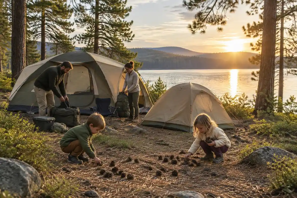 Family tent camp in a lakeside clearing with two small kids playing nearby