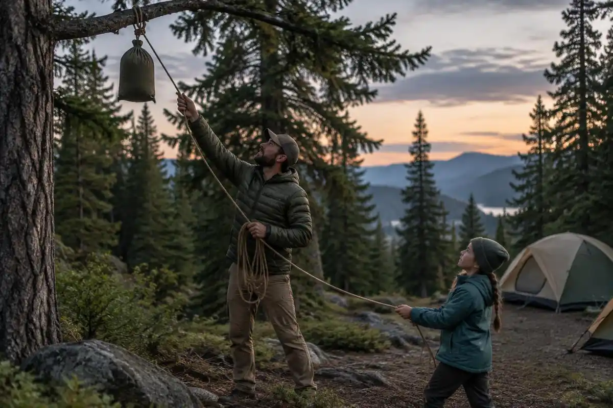 Parent hanging a food bag using a rope while child holds the end of the line