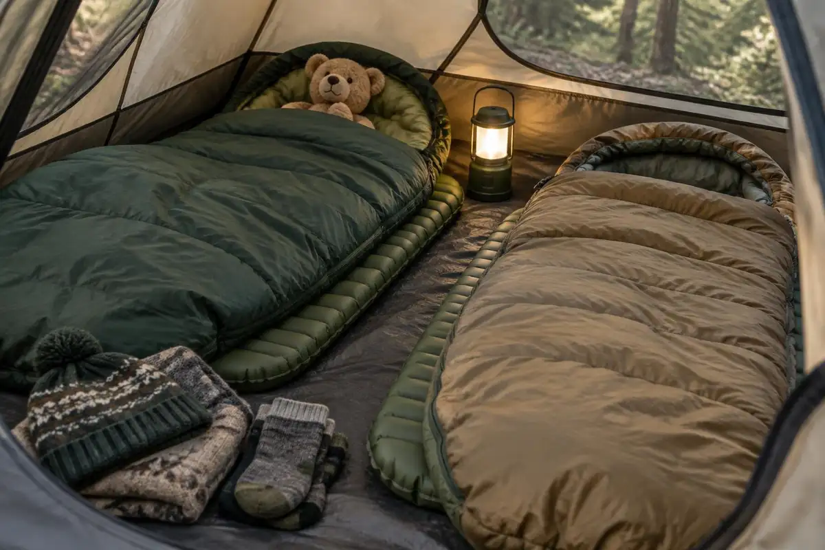 Kids' sleeping bags and small pads lined up inside a big tent with a stuffed toy
