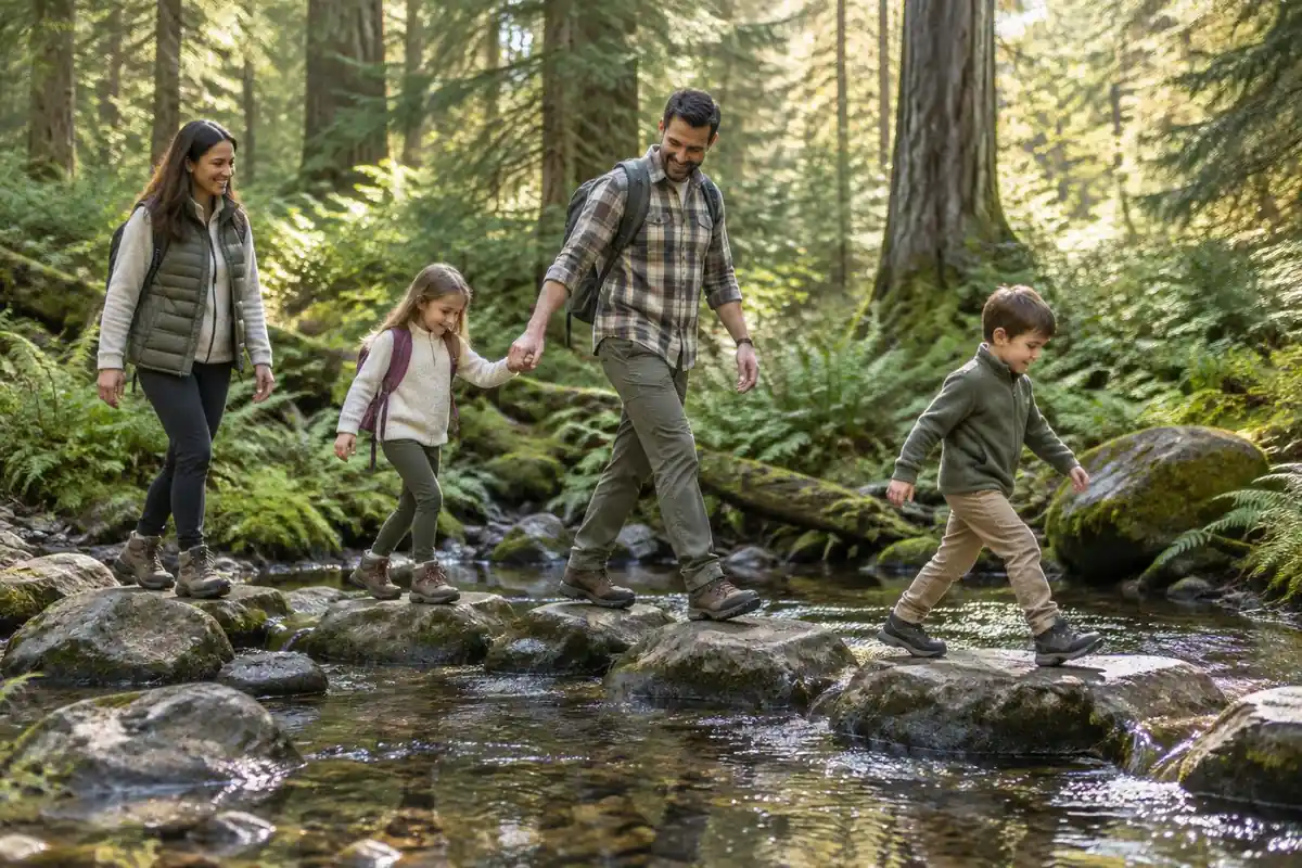Parents and two children stepping on stones across a shallow forest brook