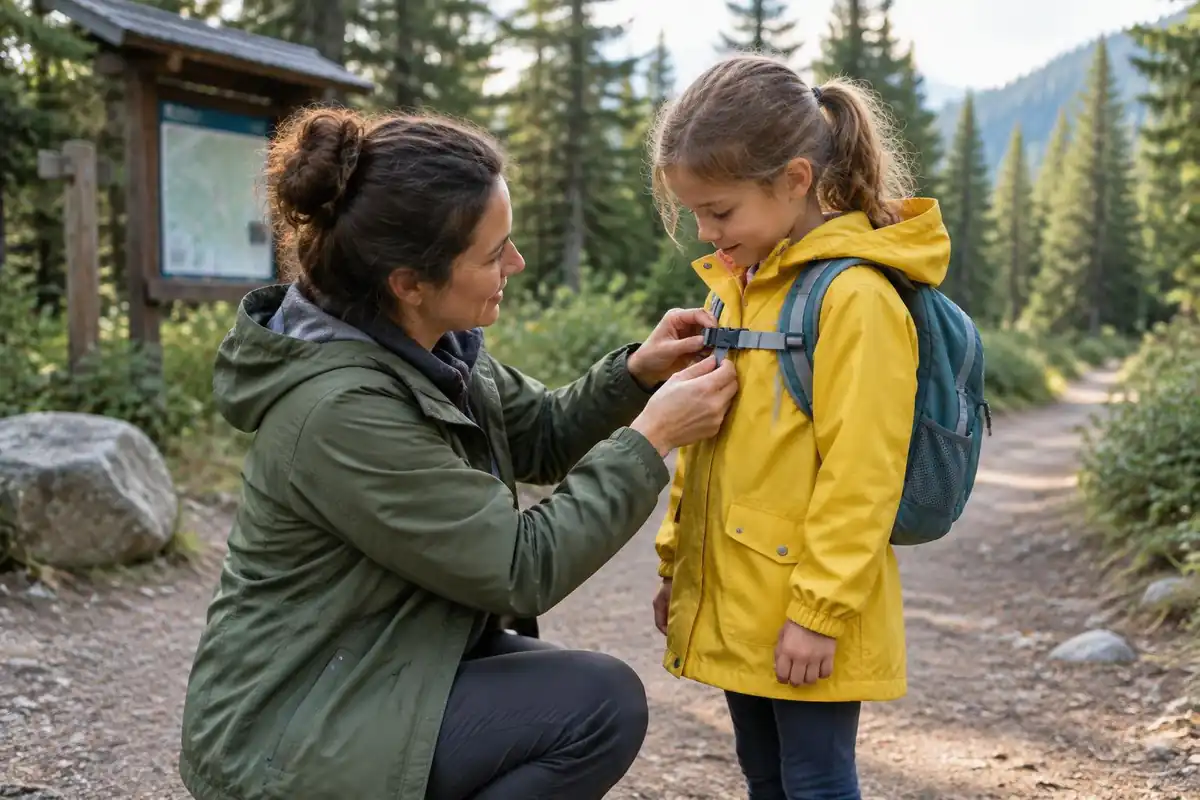 Child adjusting her small pack's chest strap with a parent kneeling beside her