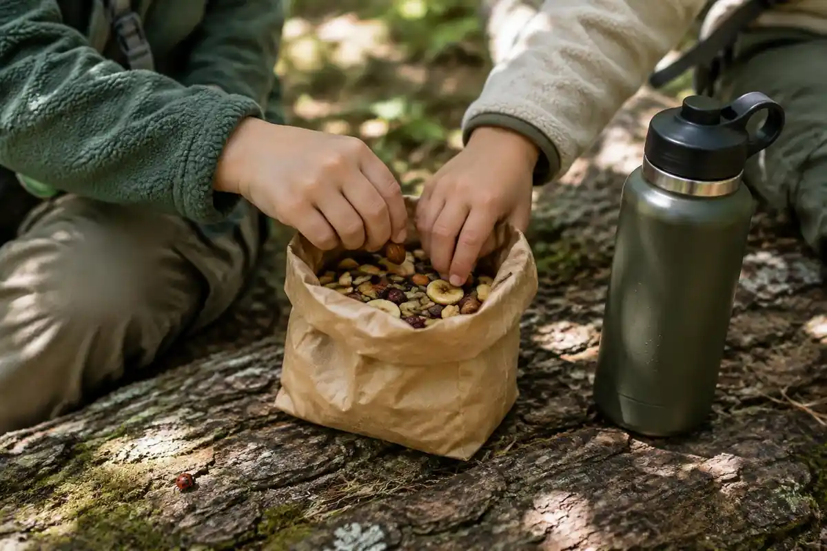Kids' hands sharing trail mix from a paper bag on a log