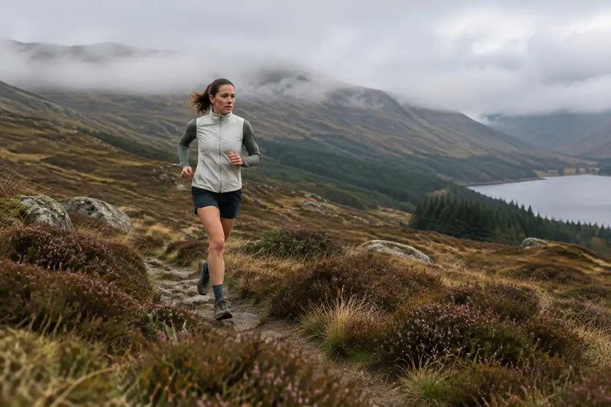 Runner-hiker with a small vest jogging across a high moor