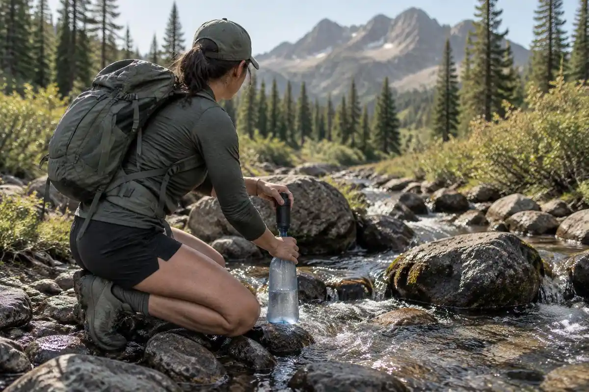 Athlete refilling soft flasks at a small stream crossing while treating the water
